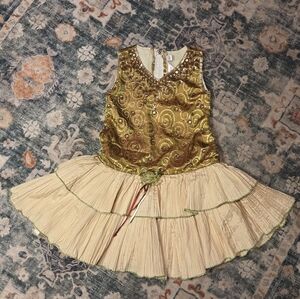 Elegant Gold Green Metallic Kids Dress w/ Cream Ruffled Skirt Sz 3/4 Yrs